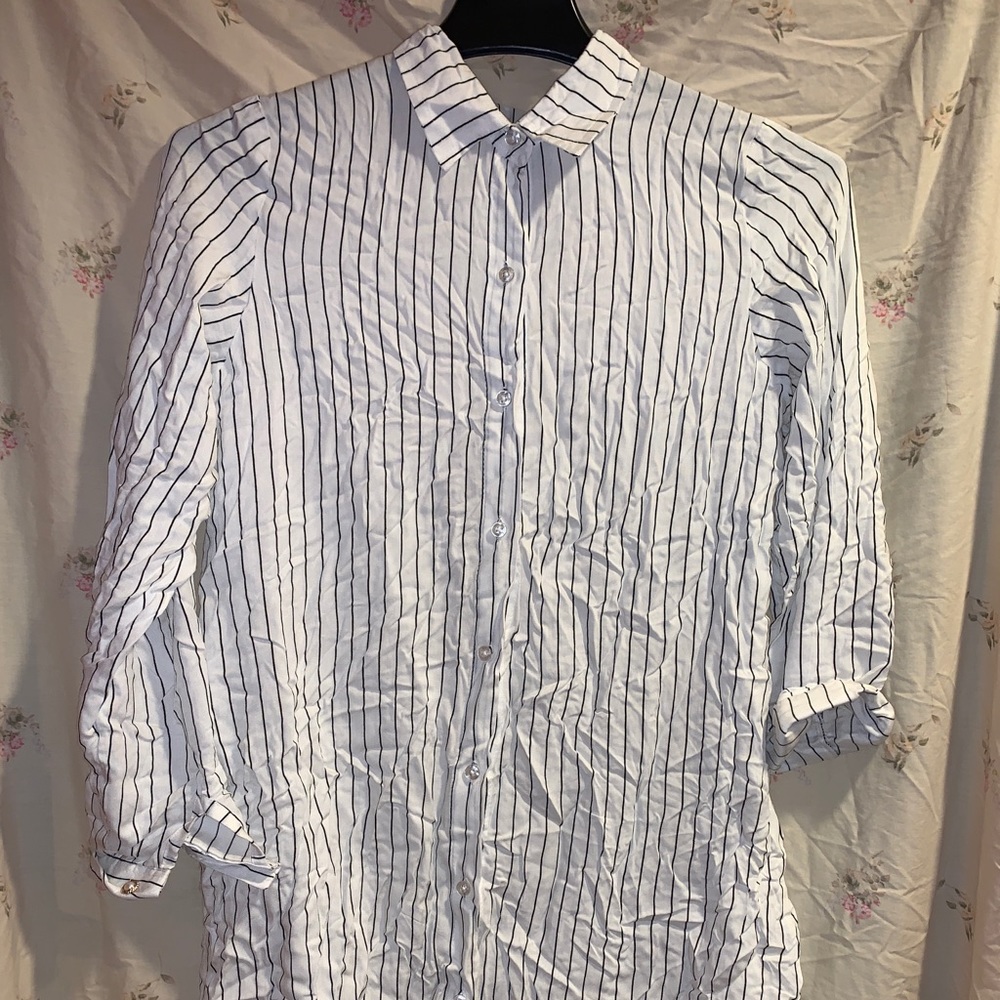 Long white striped dress shirt.